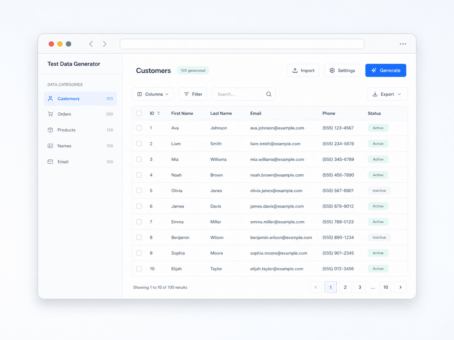 Illustrative QA test data generator interface with synthetic sample records