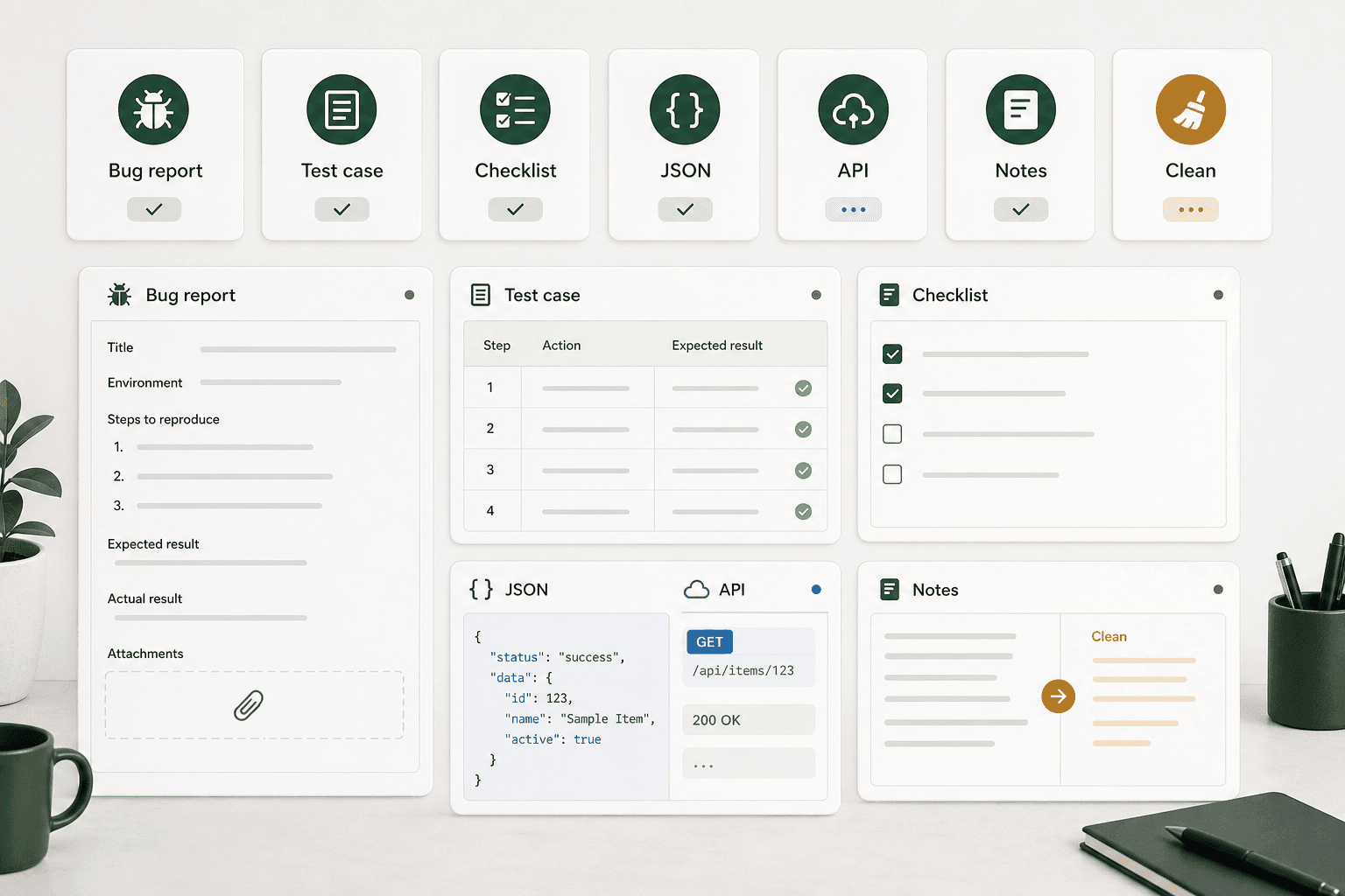 Tester's Toolbox workbench illustration with bug report, test case, checklist, JSON, API, notes, and cleanup tools.